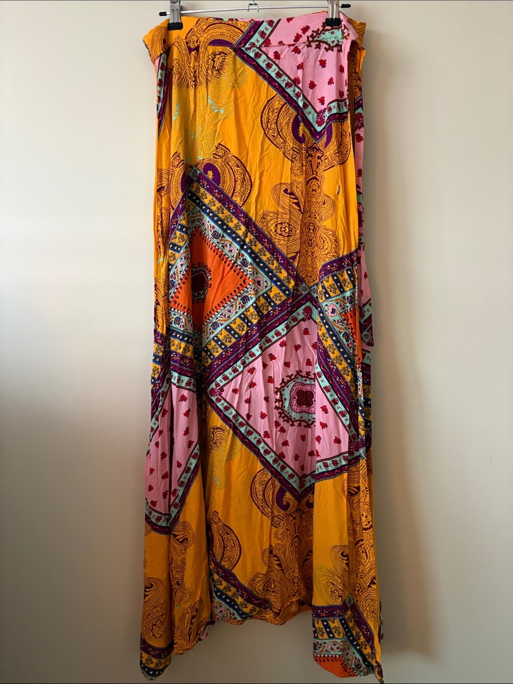 2 piece Bohemian Tie-Front cropped blouse with maxi wrap skirt in Pink & Orange - Picture 6 of 8